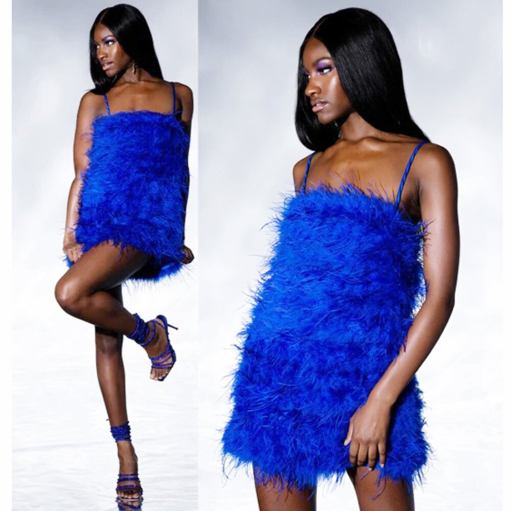 💥UBER SEXY!💥Roaring 20's Vibe Lux Genuine Marabou Feathers Dress in Royal Blue